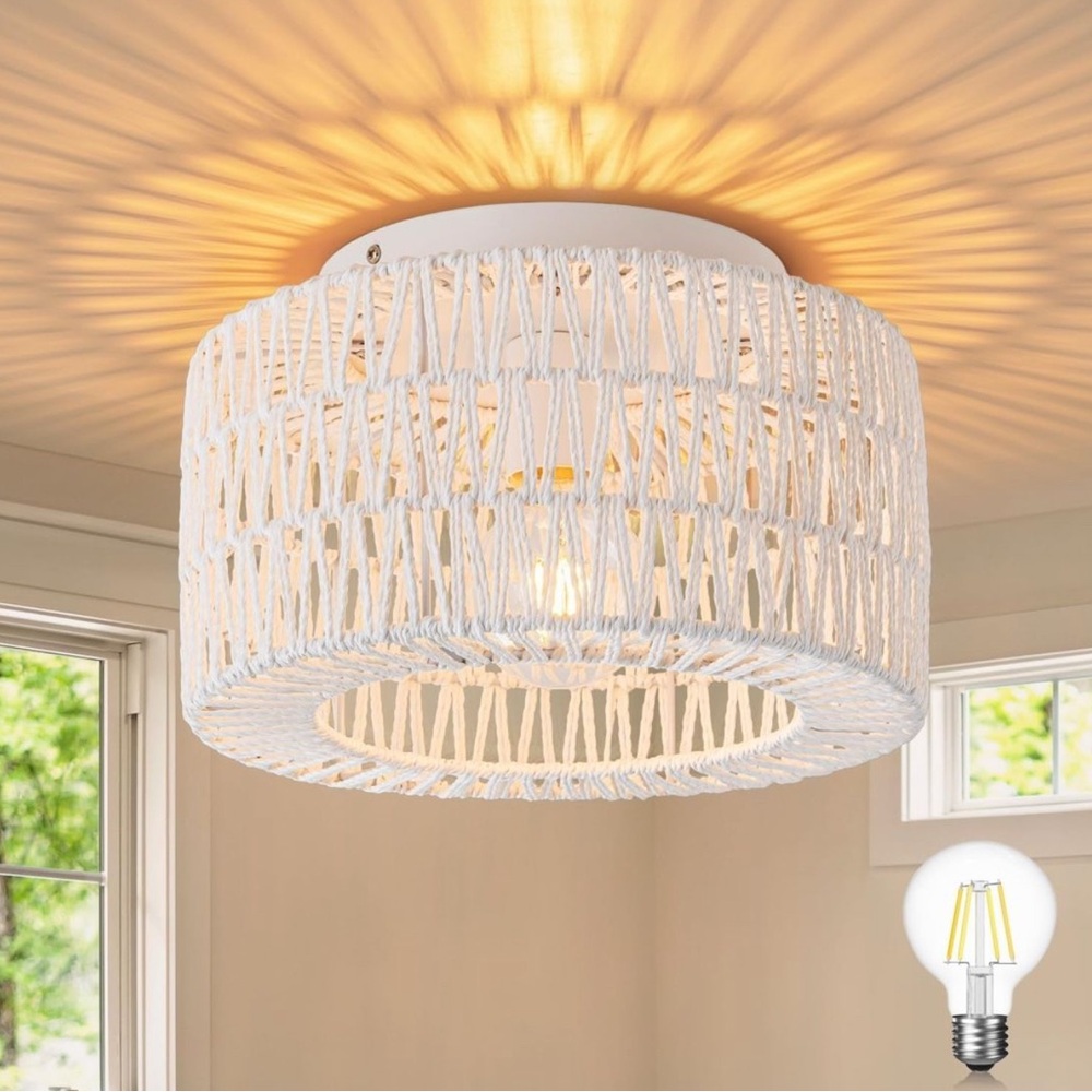 Rattan Ceiling Light Fixtures (12-Inch, LED Bulb Included), Hand-Woven Boho